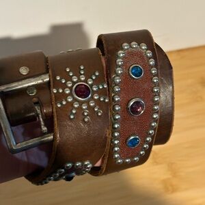 Studded and Gem Vintage Brown Leather Belt